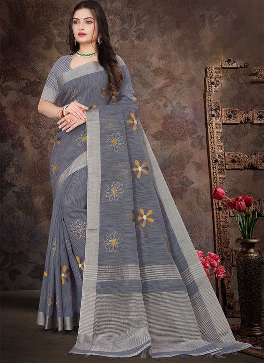 Classic Linen Grey Embroidered Saree