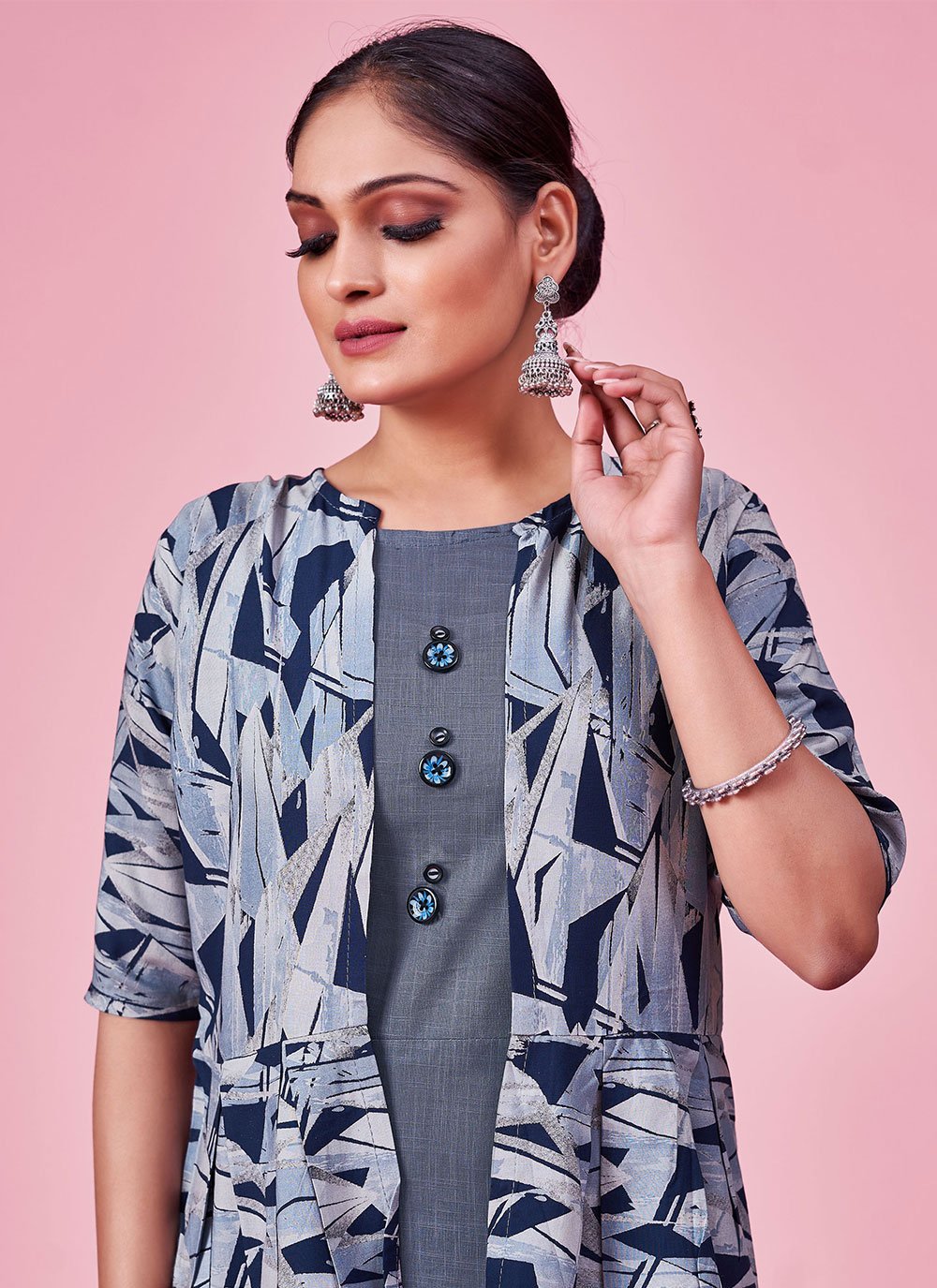 Casual Kurti Linen Rayon Grey Print Kurtis