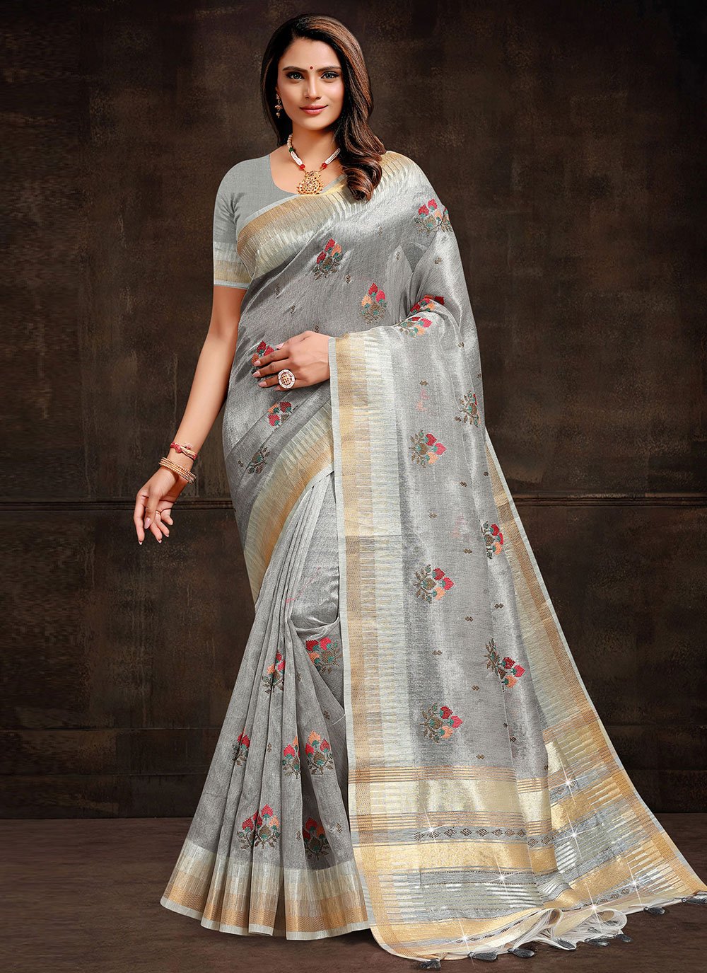 Classic Linen Tissue Grey Floral Patch Saree