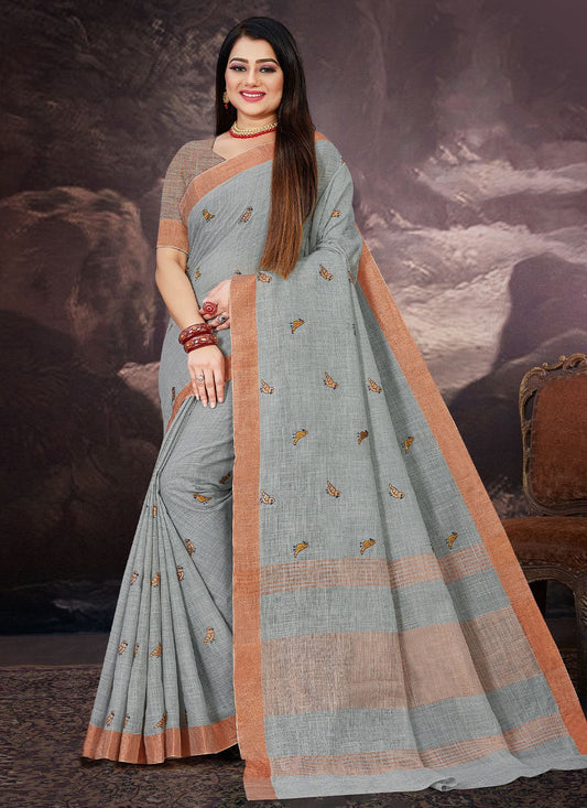 Classic Linen Grey Embroidered Saree