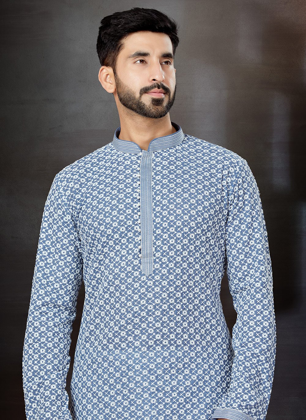 Kurta Pyjama Fancy Fabric Grey Lucknowi Work Mens