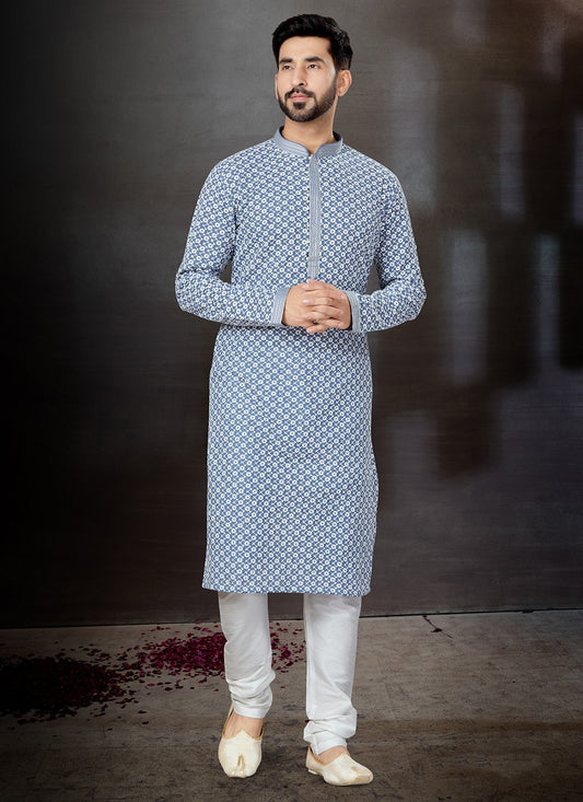 Kurta Pyjama Fancy Fabric Grey Lucknowi Work Mens