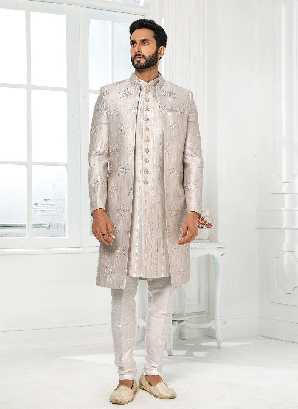 Indo Western Art Silk Grey Machine Embroidery Mens