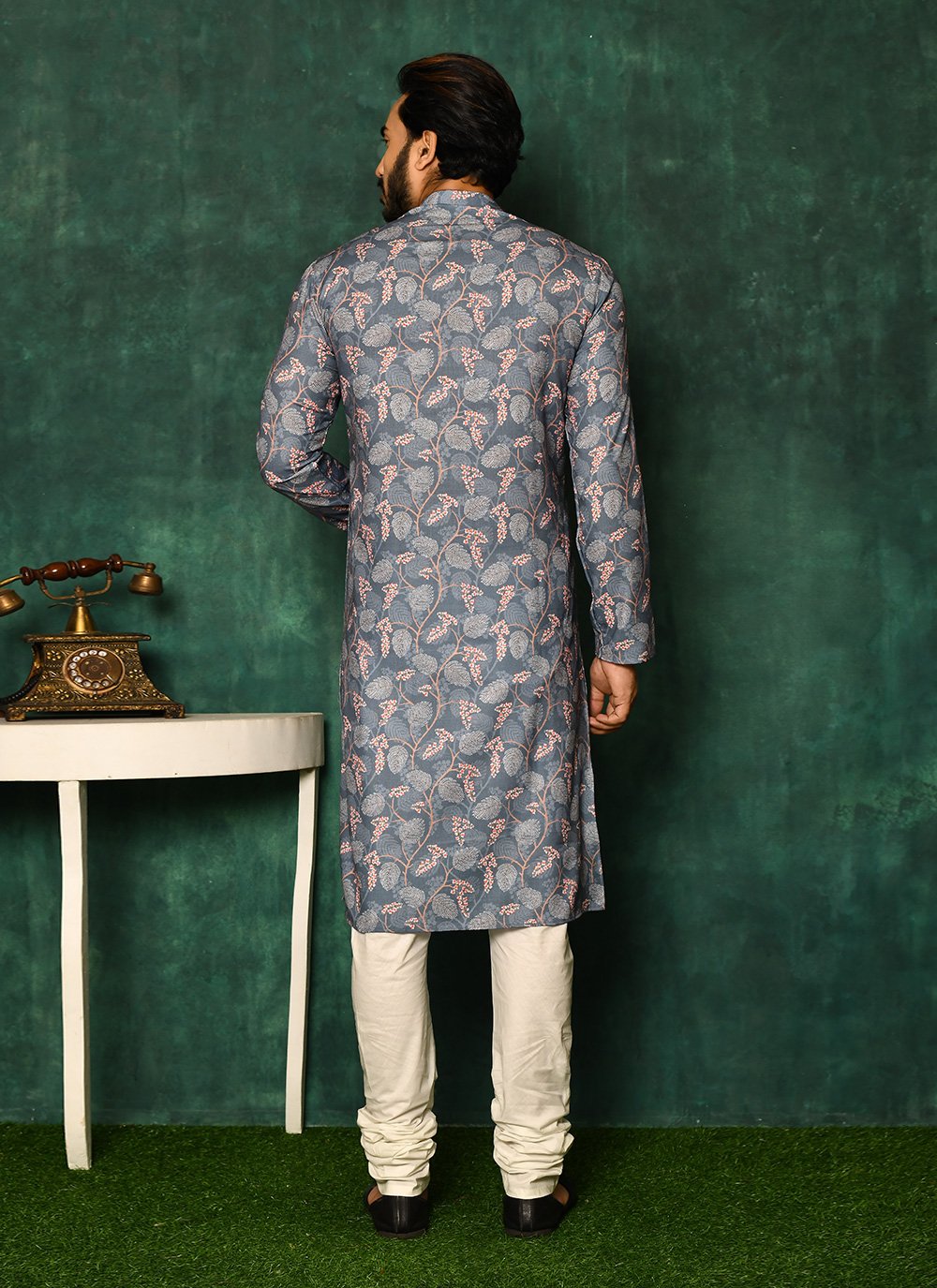 Kurta Pyjama Cotton Grey Print Mens