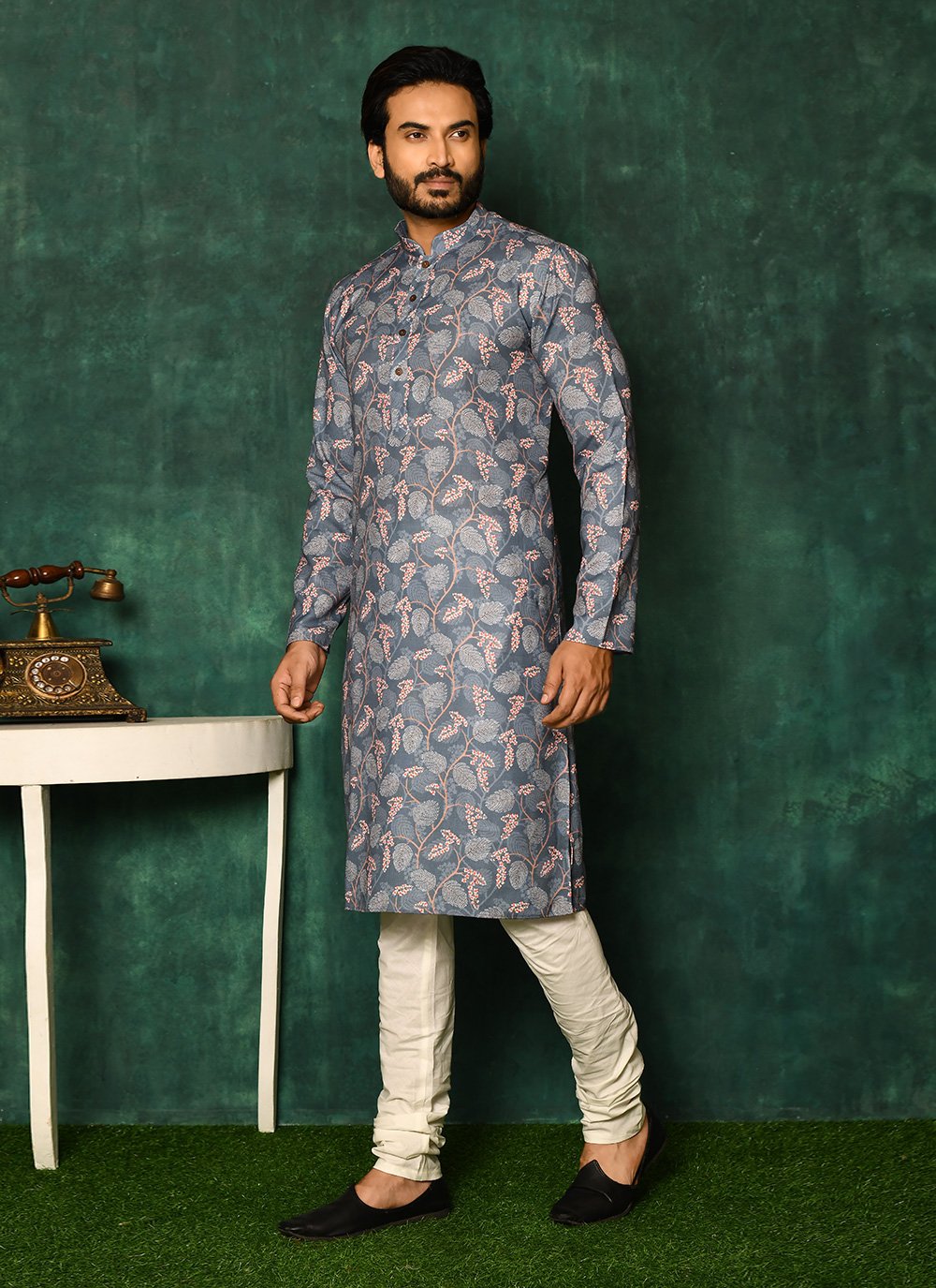 Kurta Pyjama Cotton Grey Print Mens