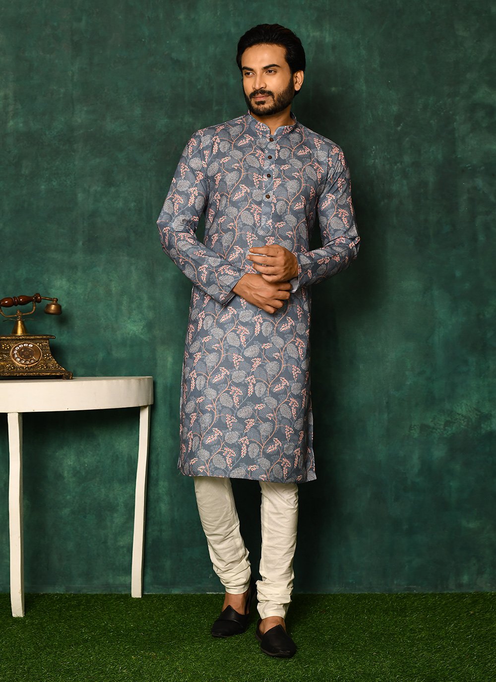 Kurta Pyjama Cotton Grey Print Mens