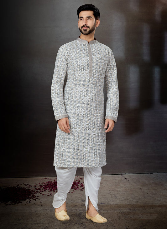 Dhoti Kurta Fancy Fabric Grey Lucknowi Work Mens