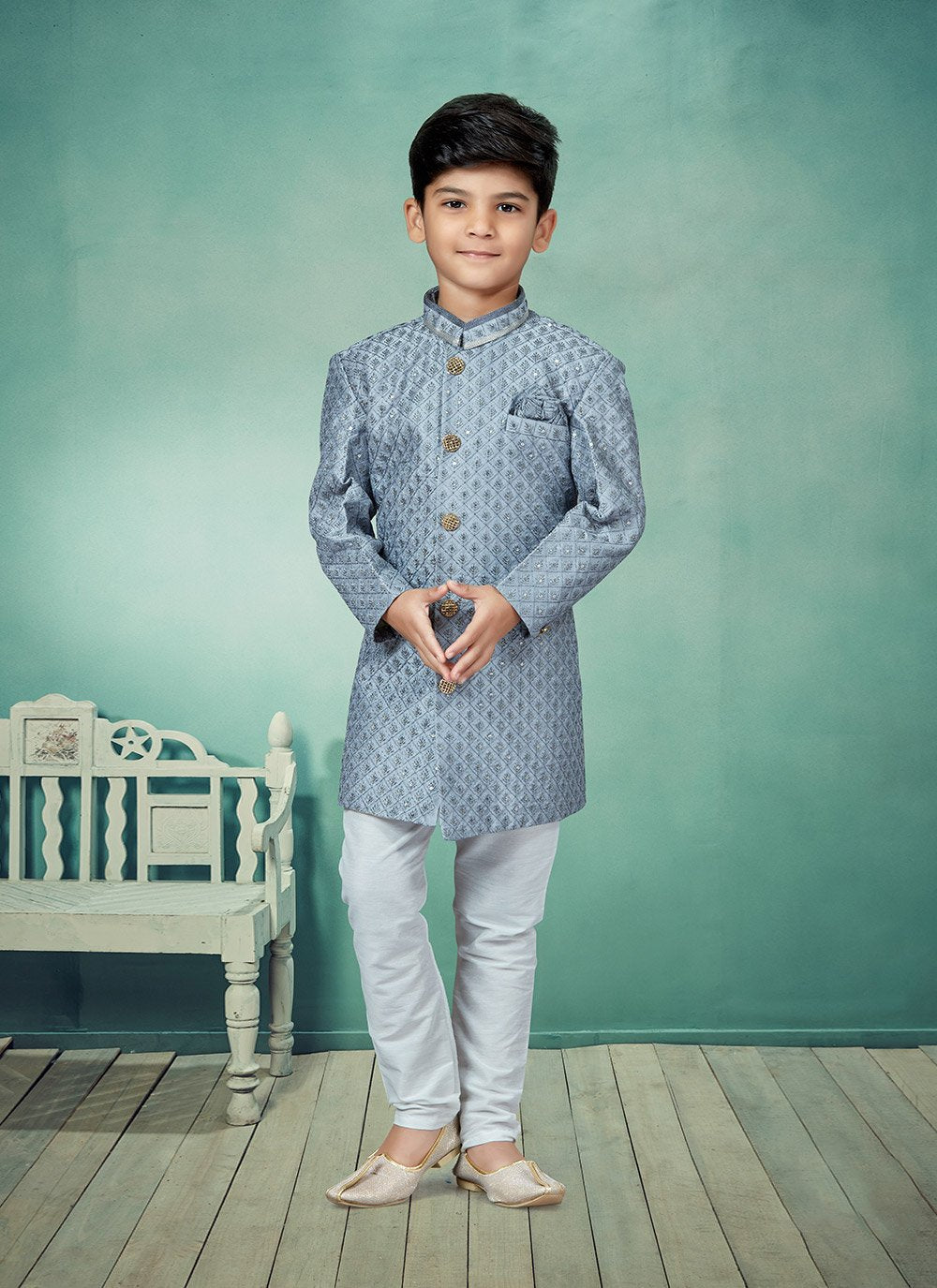 Indo Western Silk Grey Embroidered Kids