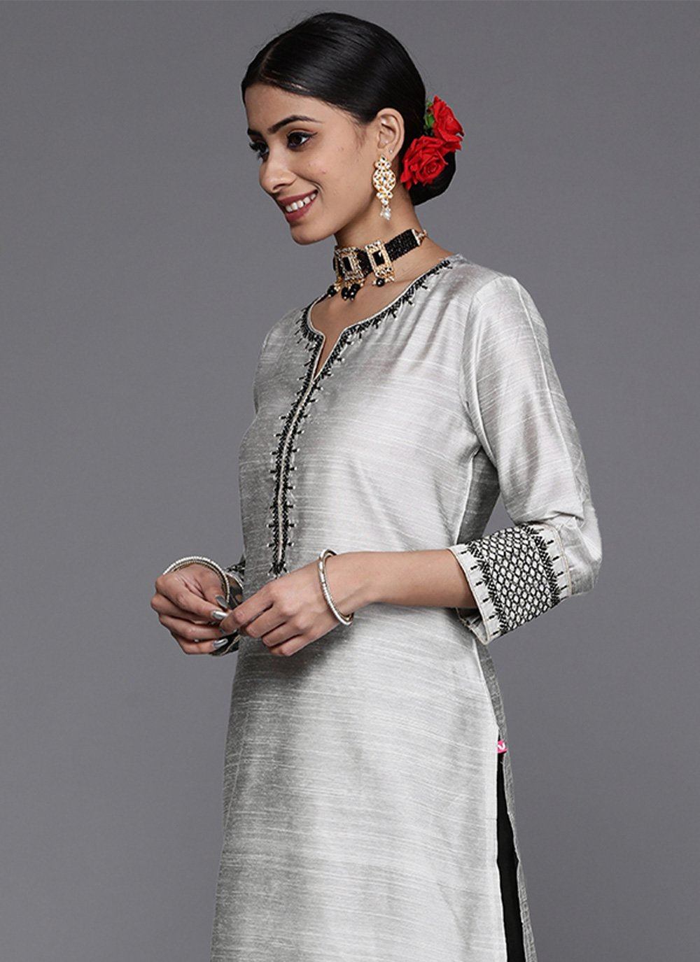 Pant Style Suit Art Silk Grey Embroidered Salwar Kameez