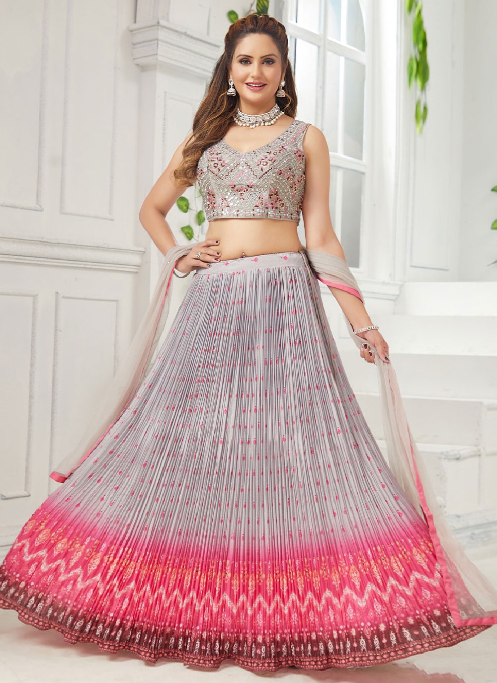 Readymade Lehenga Choli Chinon Grey Embroidered Lehenga Choli