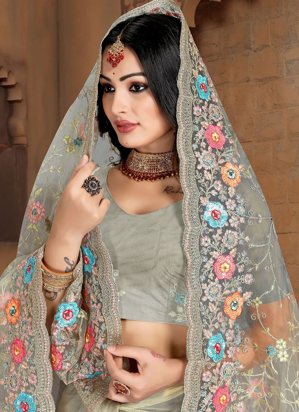 Classic Net Grey Cord Work Saree