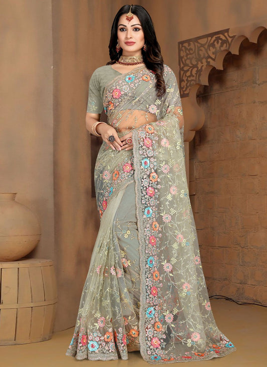 Classic Net Grey Cord Work Saree