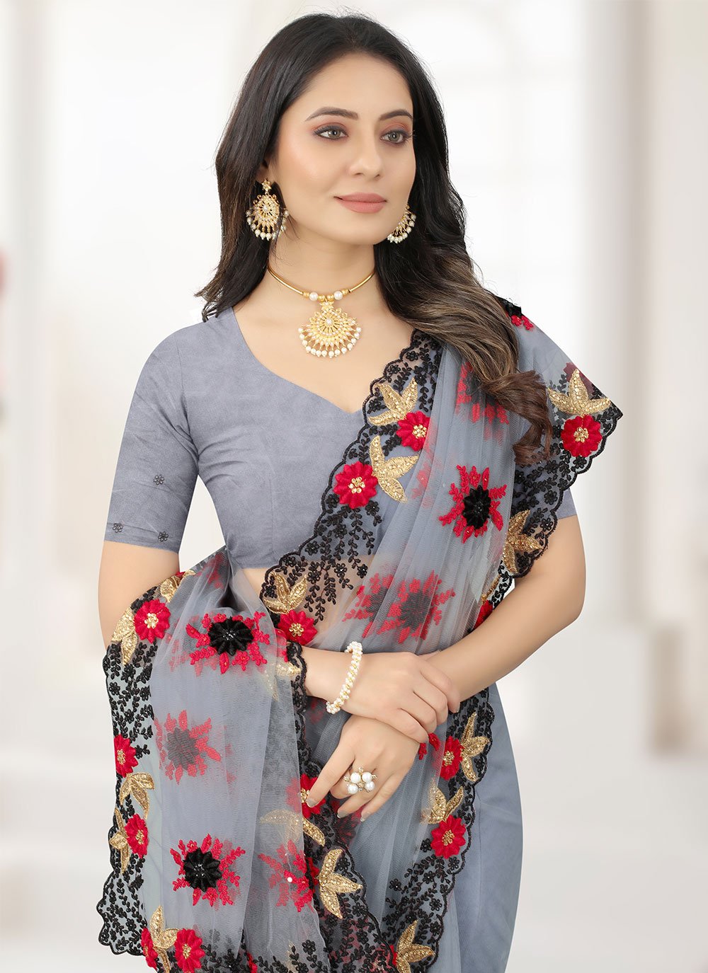 Contemporary Net Grey Embroidered Saree