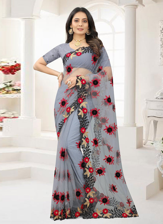 Contemporary Net Grey Embroidered Saree