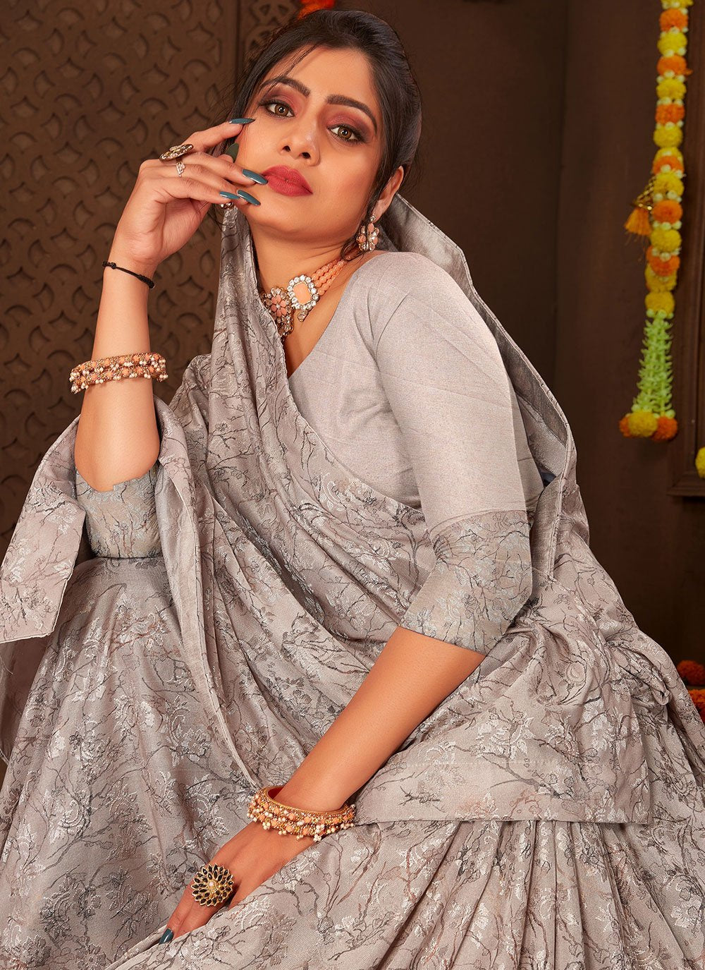 Classic Net Grey Print Saree