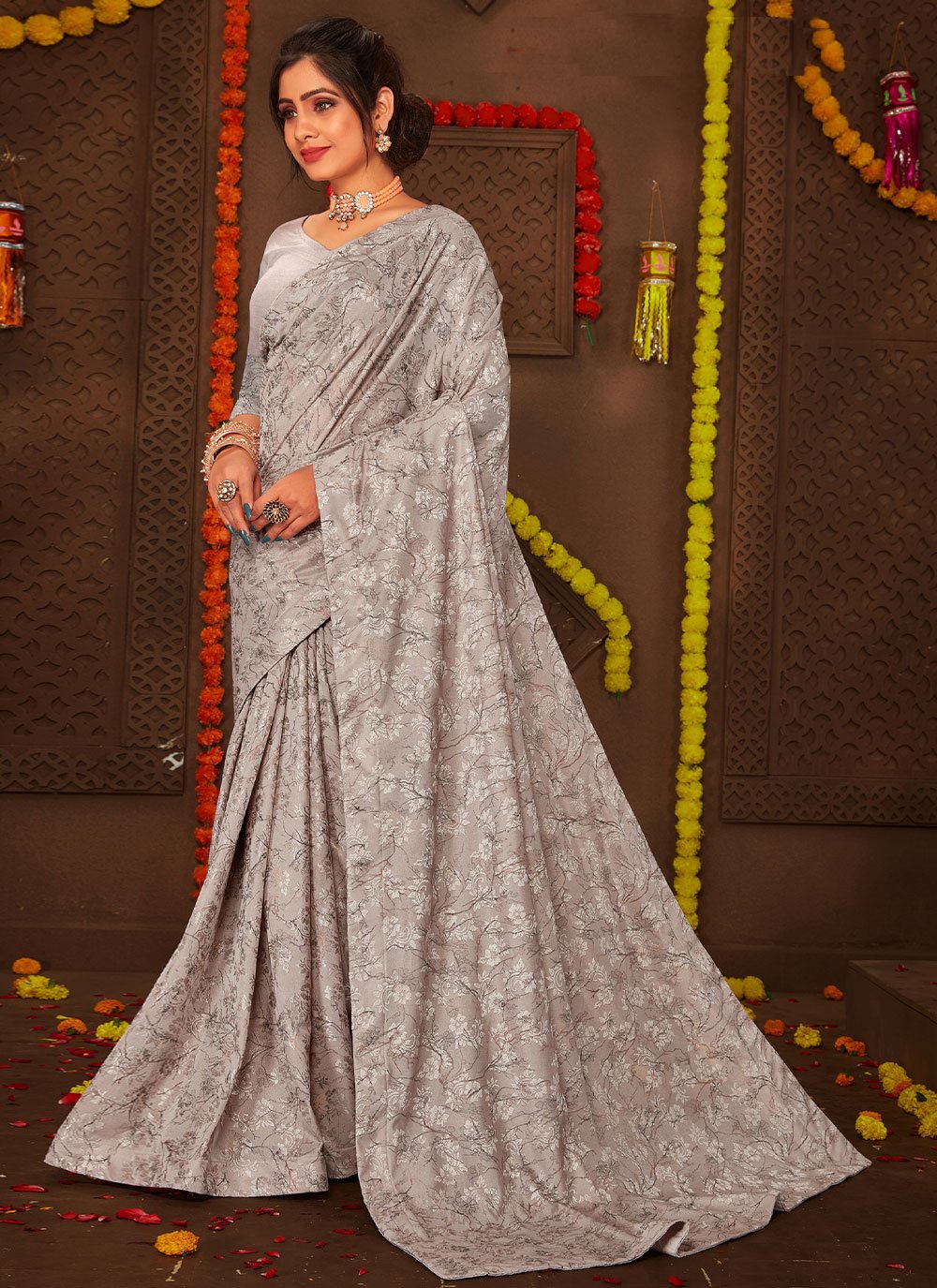 Classic Net Grey Print Saree