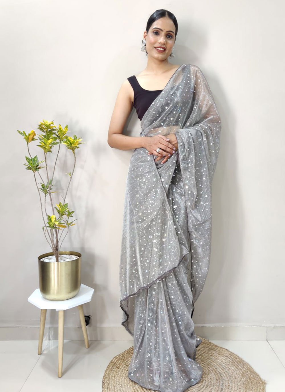 Trendy Saree Net Grey Sequins Saree