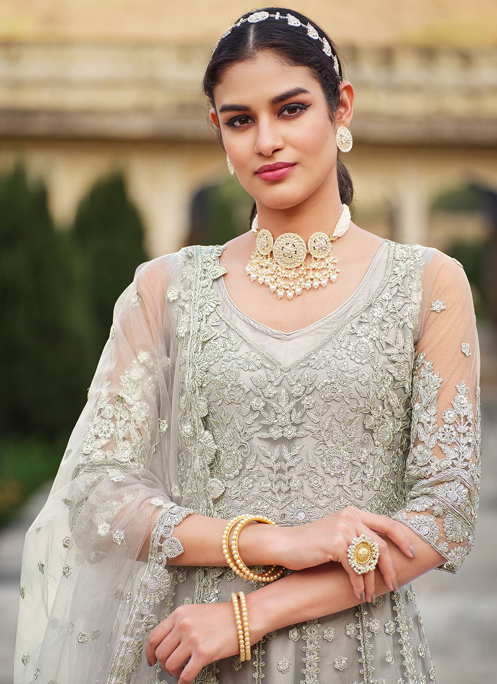 Anarkali Suit Net Grey Embroidered Salwar Kameez