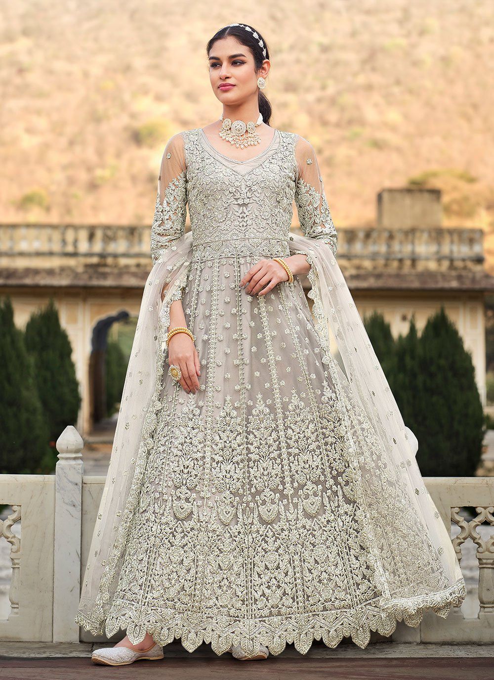 Anarkali Suit Net Grey Embroidered Salwar Kameez