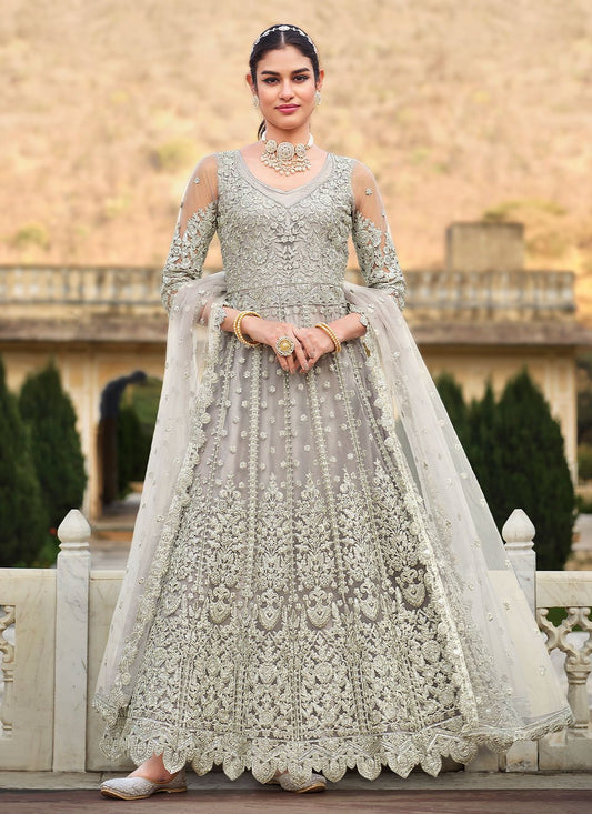 Anarkali Suit Net Grey Embroidered Salwar Kameez