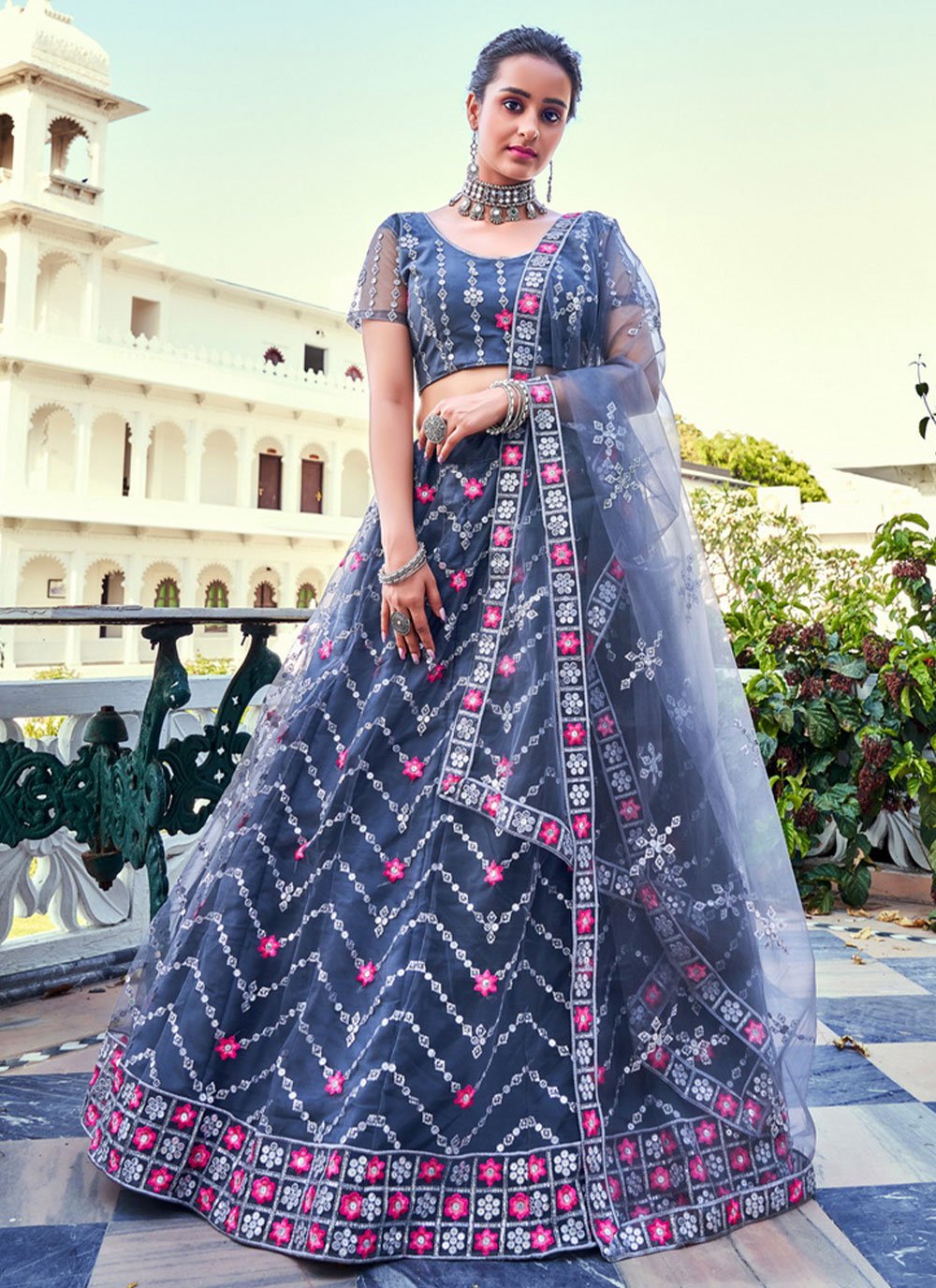 A Line Lehenga Net Grey Embroidered Lehenga Choli