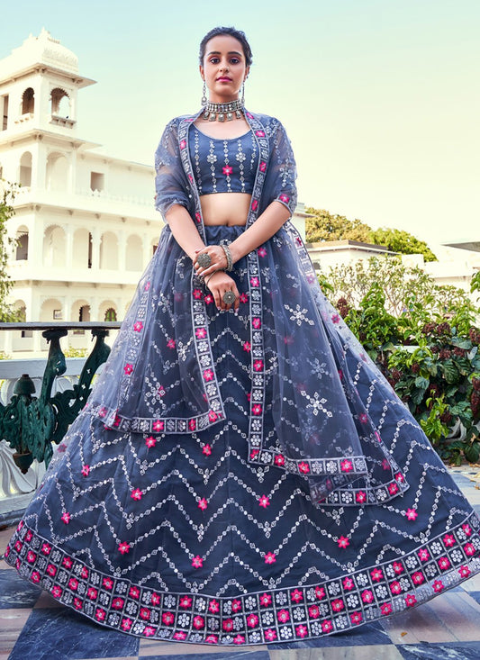 A Line Lehenga Net Grey Embroidered Lehenga Choli