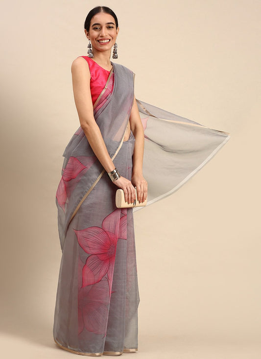 Casual Organza Grey Print Saree