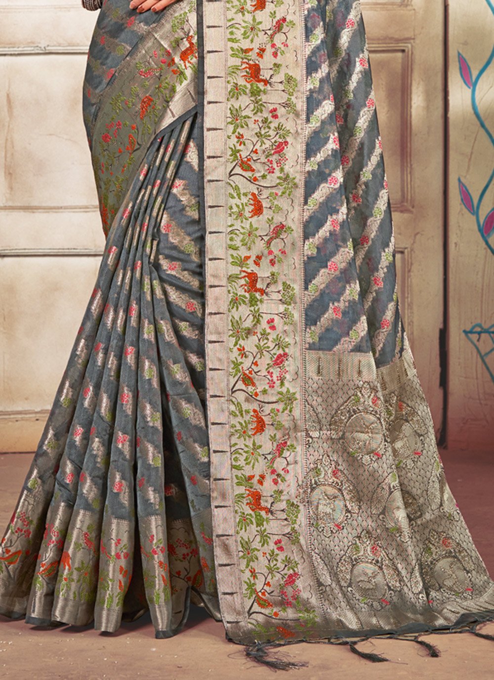 Trendy Saree Organza Grey Fancy Work Saree