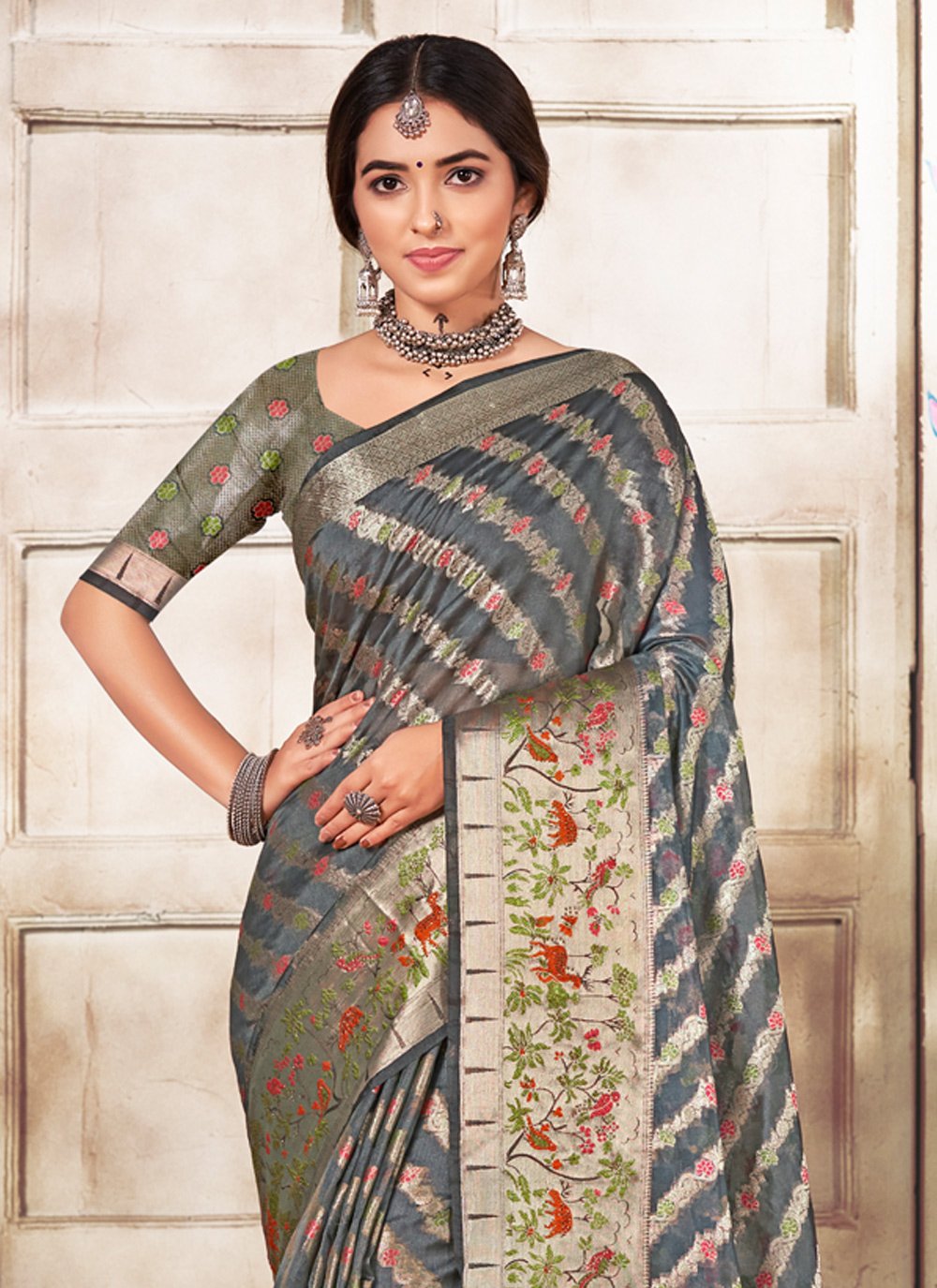 Trendy Saree Organza Grey Fancy Work Saree