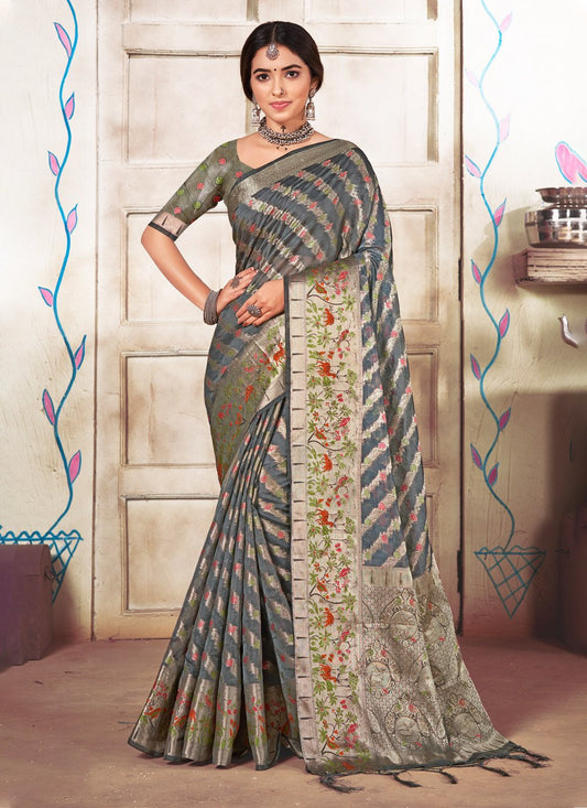 Trendy Saree Organza Grey Fancy Work Saree