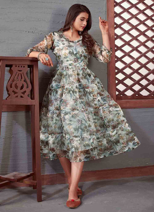 Party Wear Kurti Organza Grey Floral Patch Kurtis