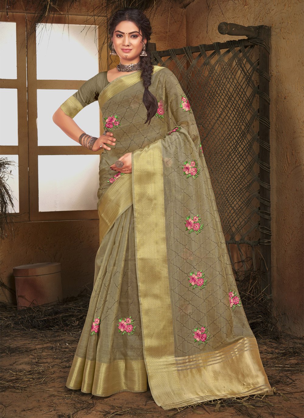 Trendy Saree Organza Grey Fancy Work Saree