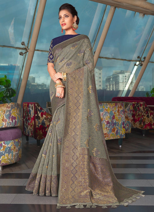 Trendy Saree Organza Grey Embroidered Saree