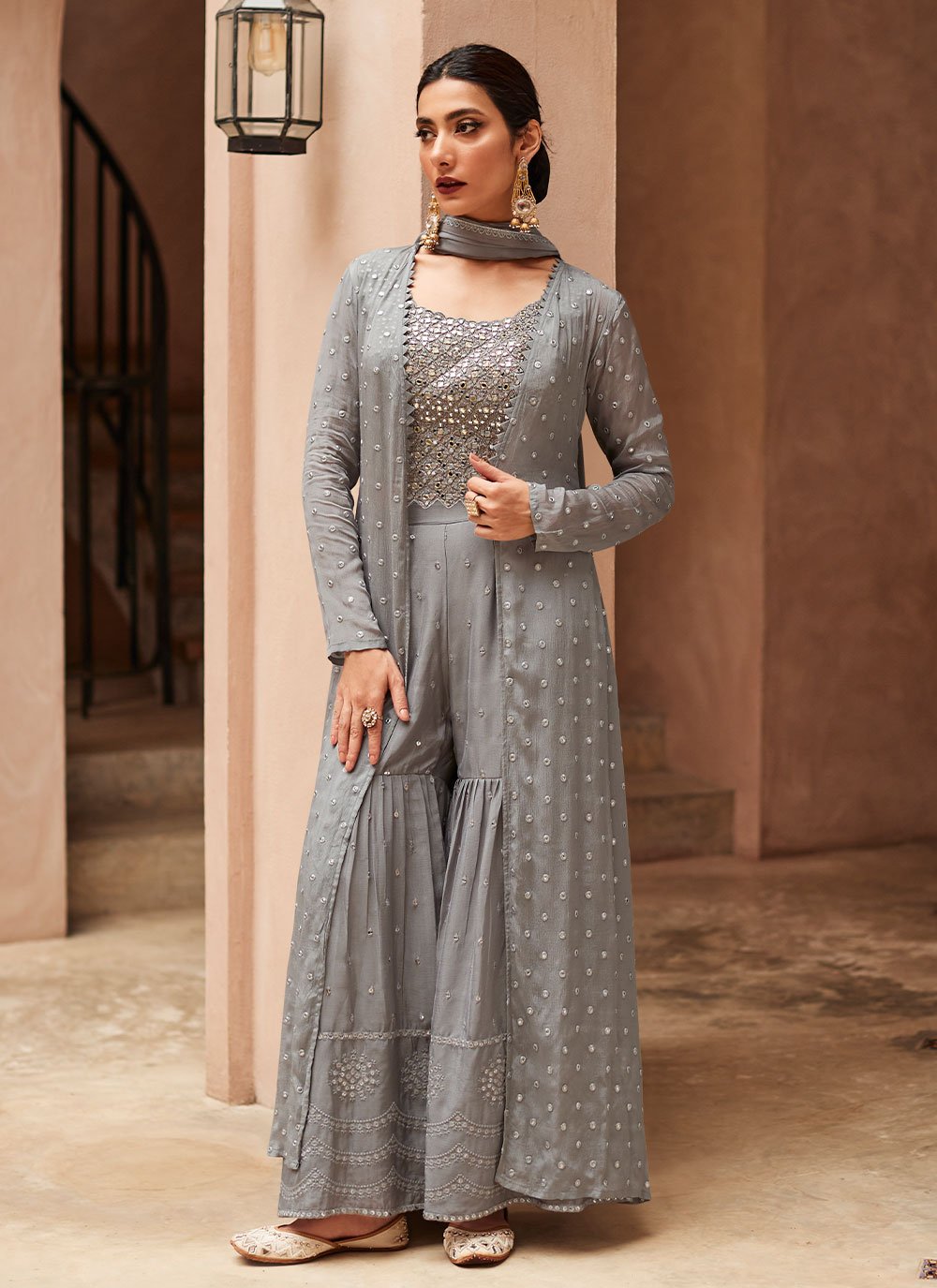 Palazzo Salwar Suit Chinon Georgette Grey Embroidered Salwar Kameez