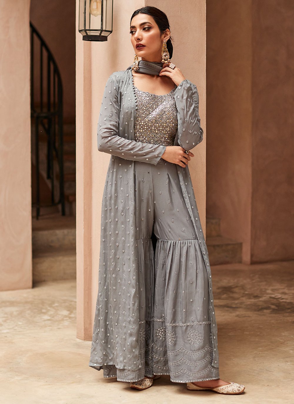 Palazzo Salwar Suit Chinon Georgette Grey Embroidered Salwar Kameez