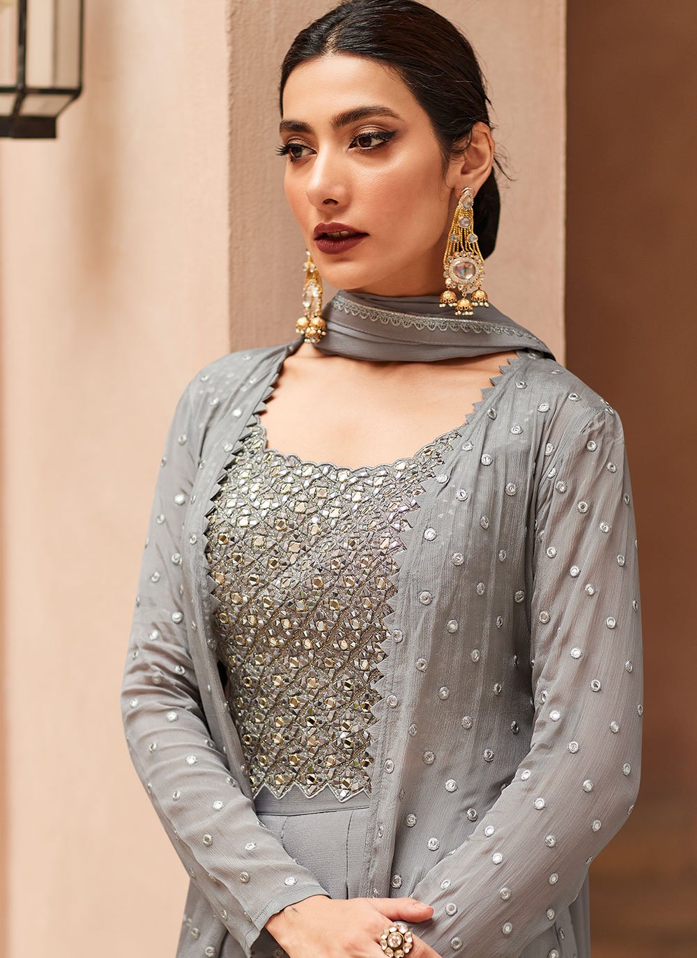 Palazzo Salwar Suit Chinon Georgette Grey Embroidered Salwar Kameez