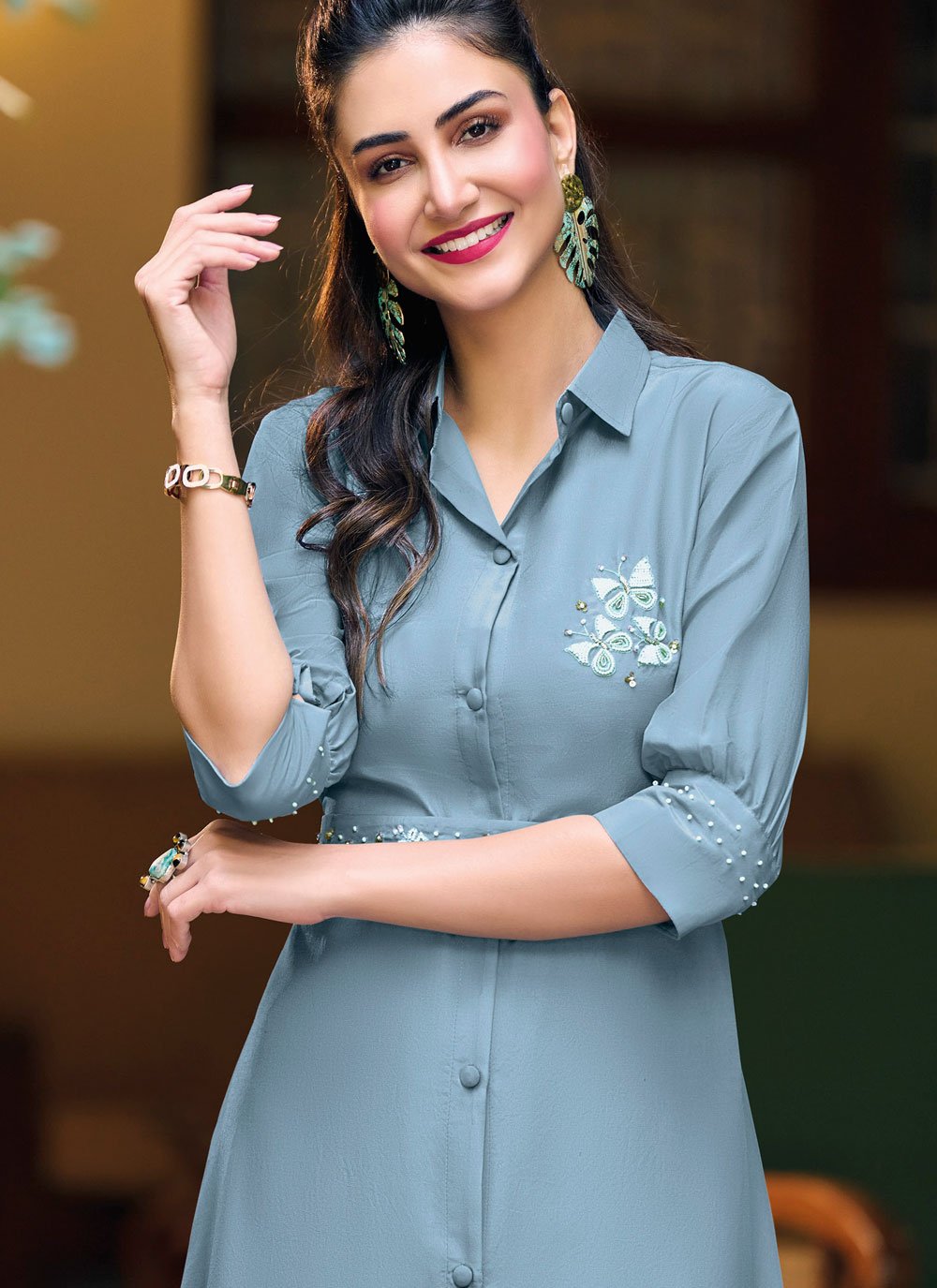 Casual Kurti Chinon Grey Embroidered Kurtis