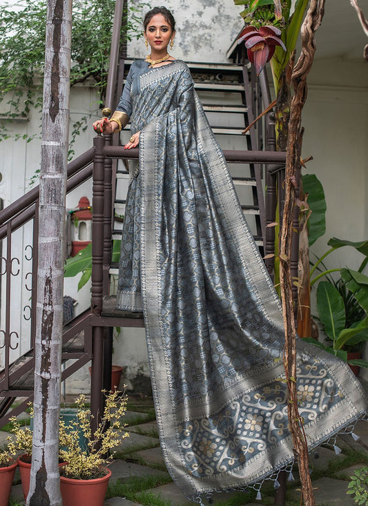 Classic Tussar Silk Grey Woven Saree