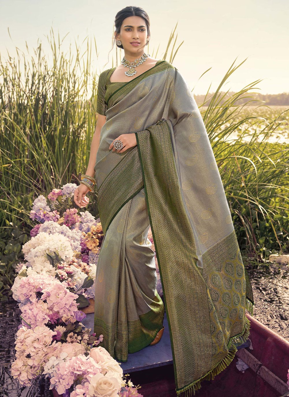 Contemporary Kanjivaram Silk Grey Jacquard Work Saree