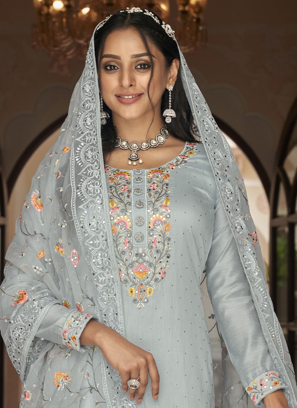 Pakistani Salwar Suit Faux Georgette Grey Embroidered Salwar Kameez