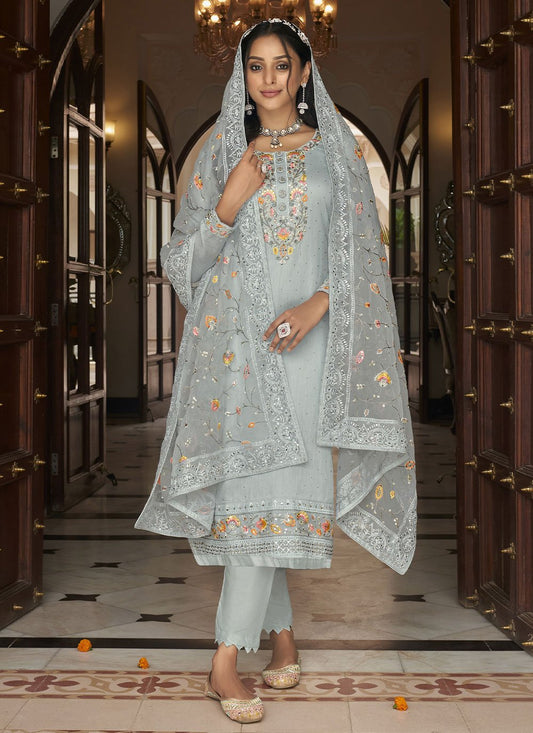 Pakistani Salwar Suit Faux Georgette Grey Embroidered Salwar Kameez