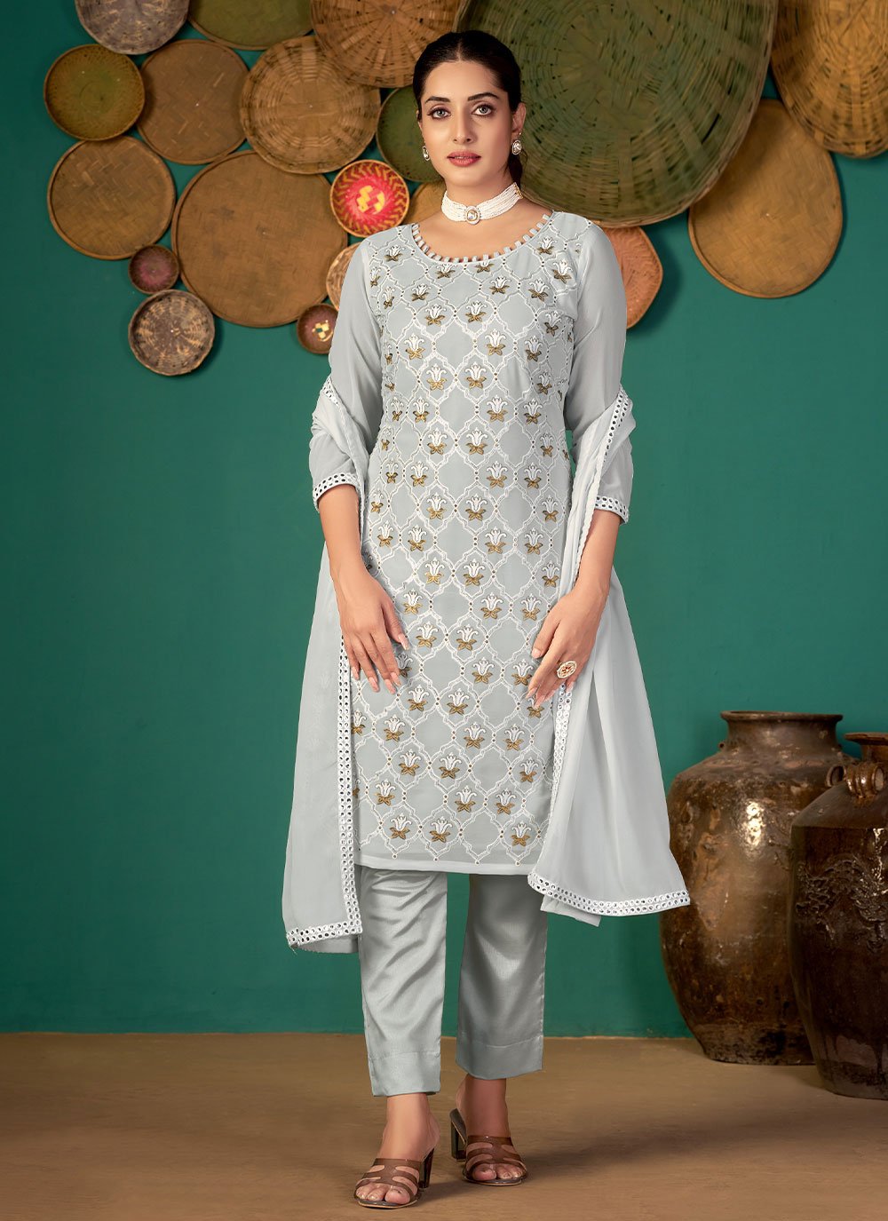 Salwar Suit Faux Georgette Grey Embroidered Salwar Kameez