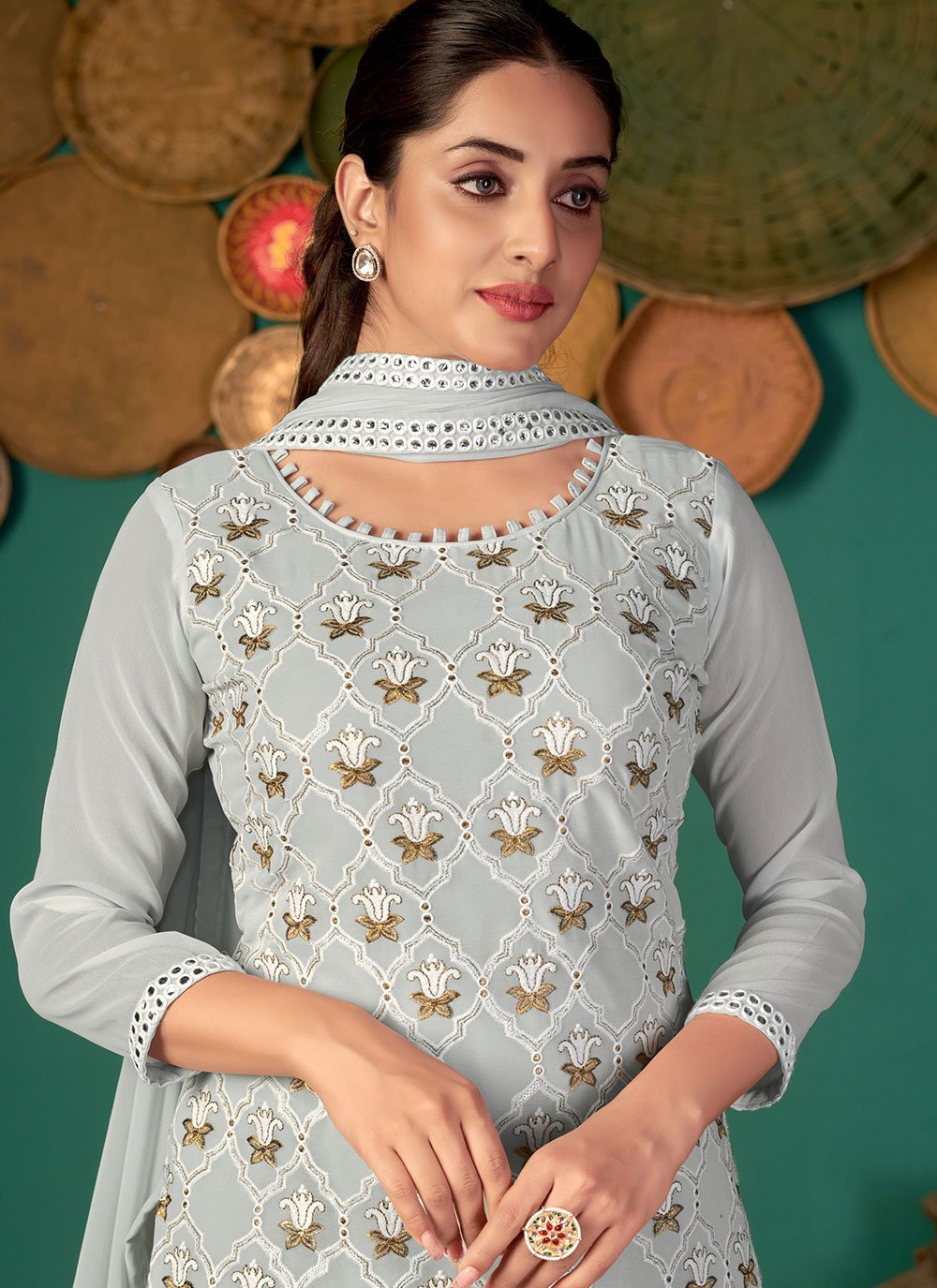 Salwar Suit Faux Georgette Grey Embroidered Salwar Kameez