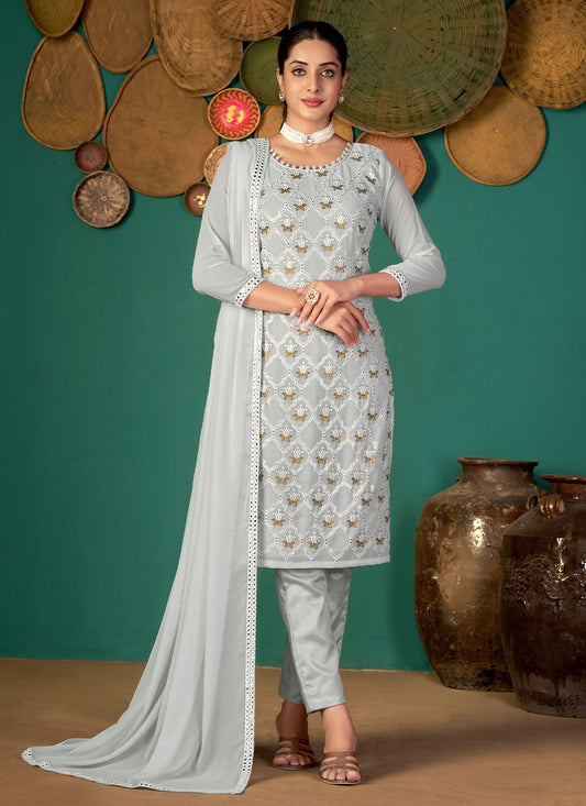 Salwar Suit Faux Georgette Grey Embroidered Salwar Kameez