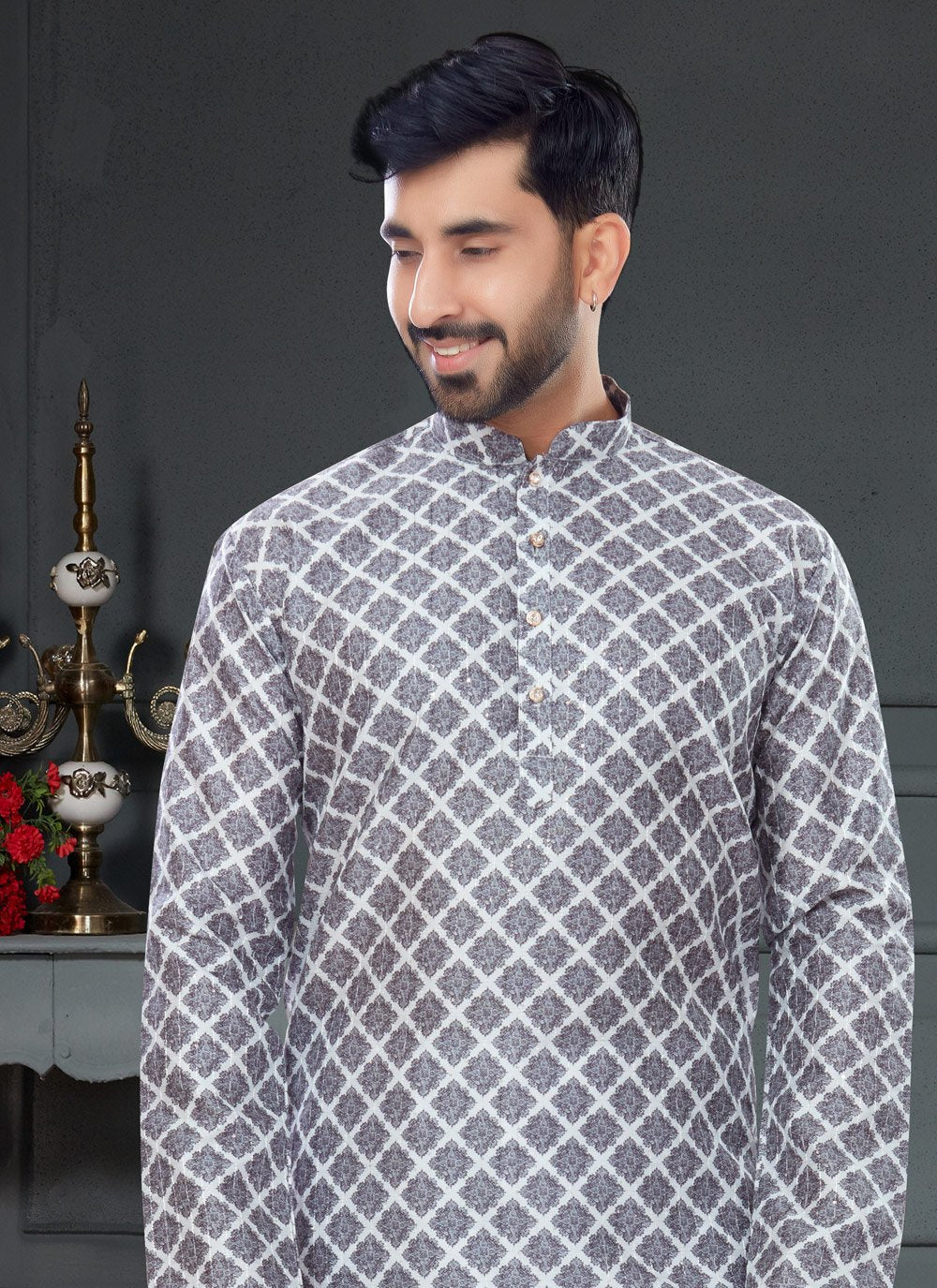 Kurta Pyjama Silk Grey Digital Print Mens