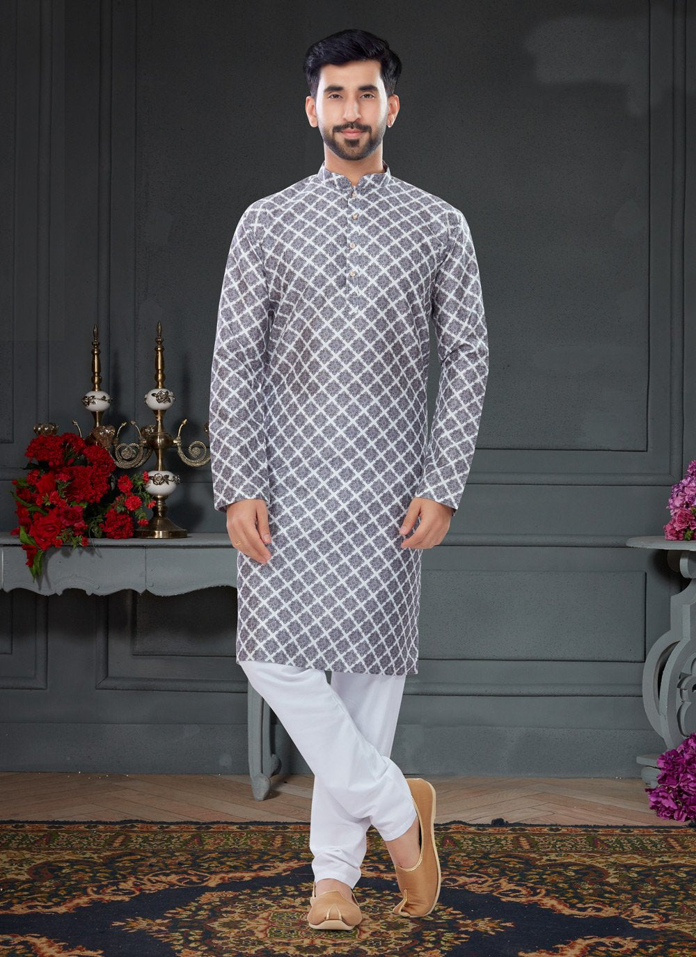 Kurta Pyjama Silk Grey Digital Print Mens