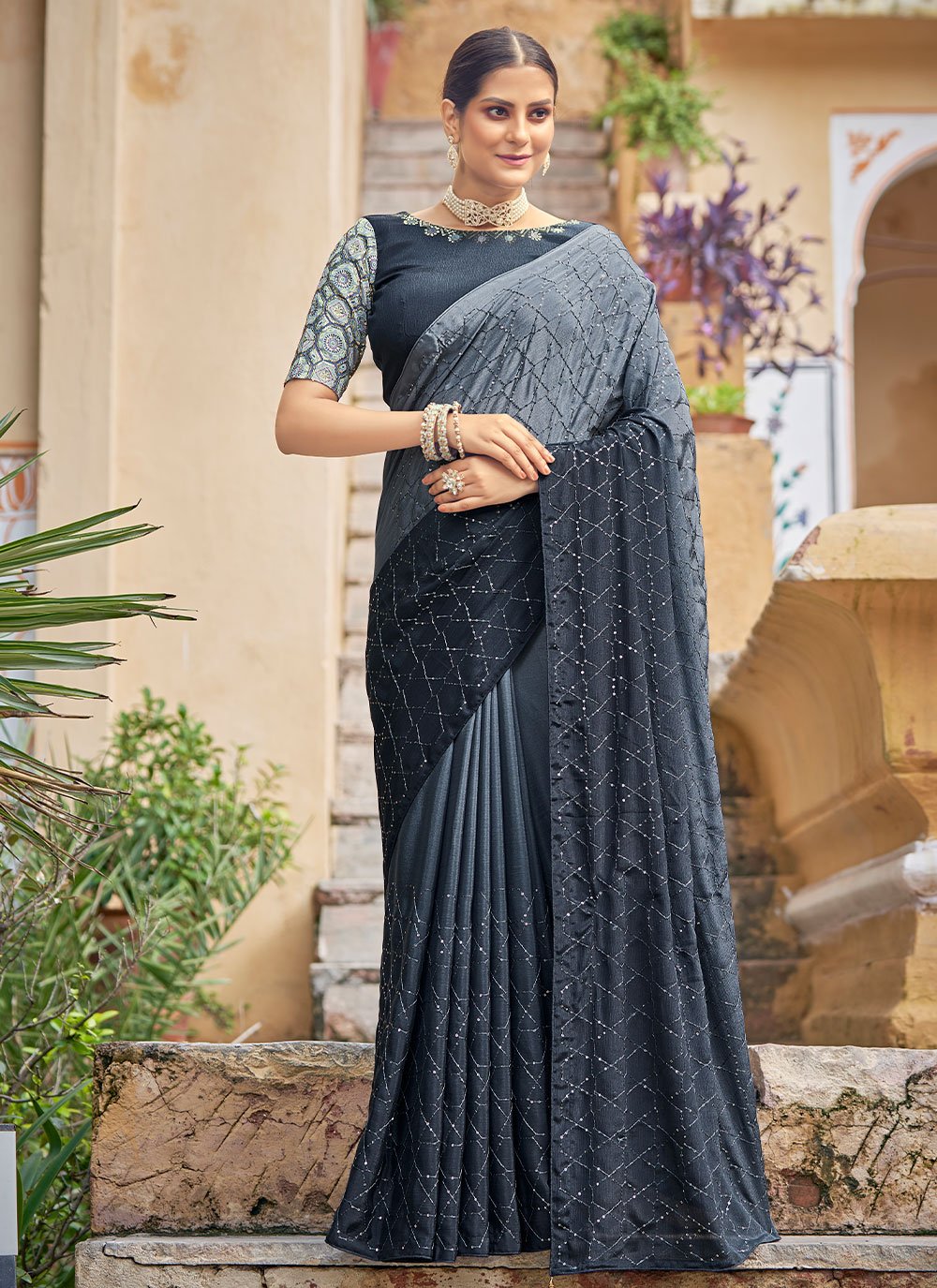 Trendy Saree Chinon Grey Sequins Saree