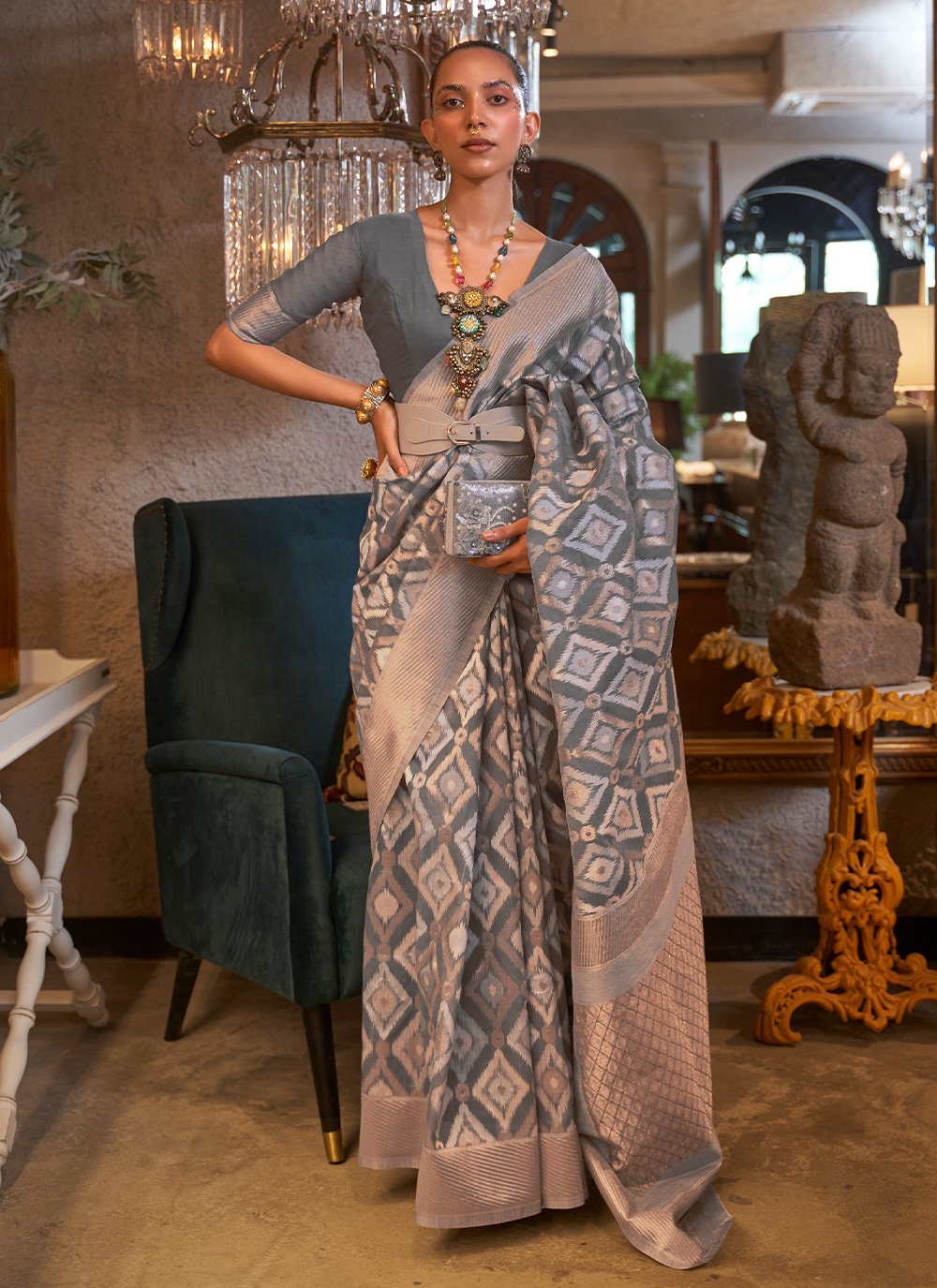 Trendy Saree Patola Silk Grey Hand Work Saree