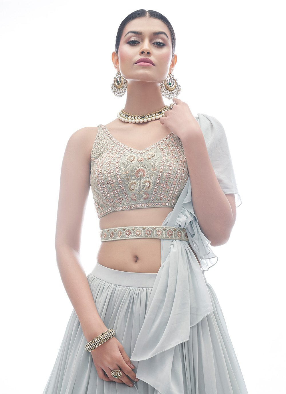 A Line Lehenga Georgette Grey Plain Lehenga Choli