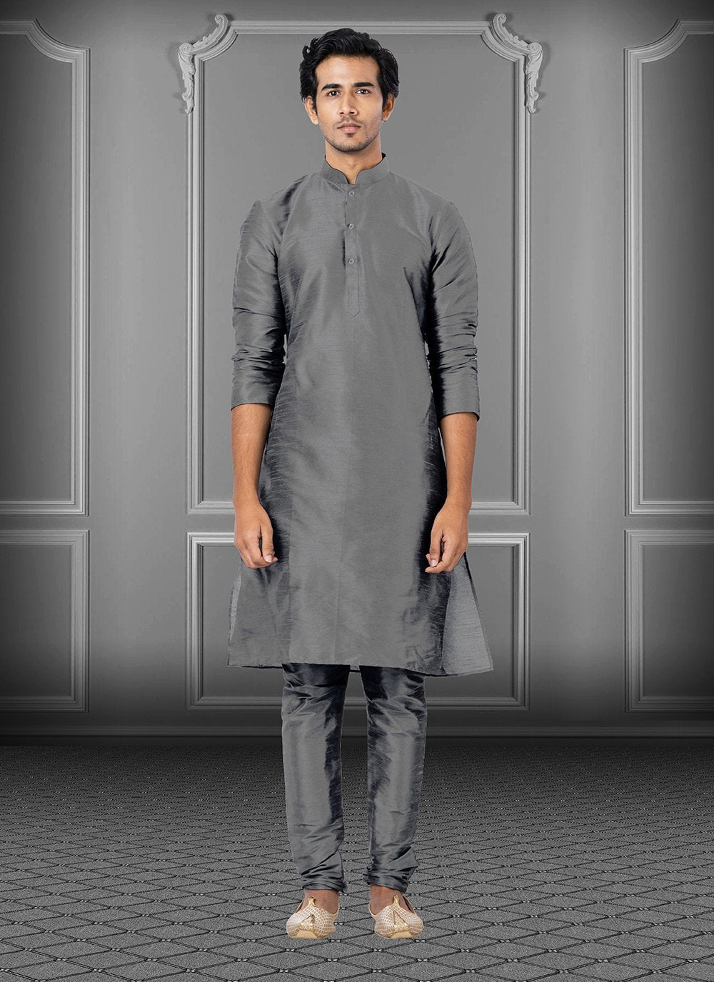 Kurta Pyjama Dupion Silk Grey Plain Mens